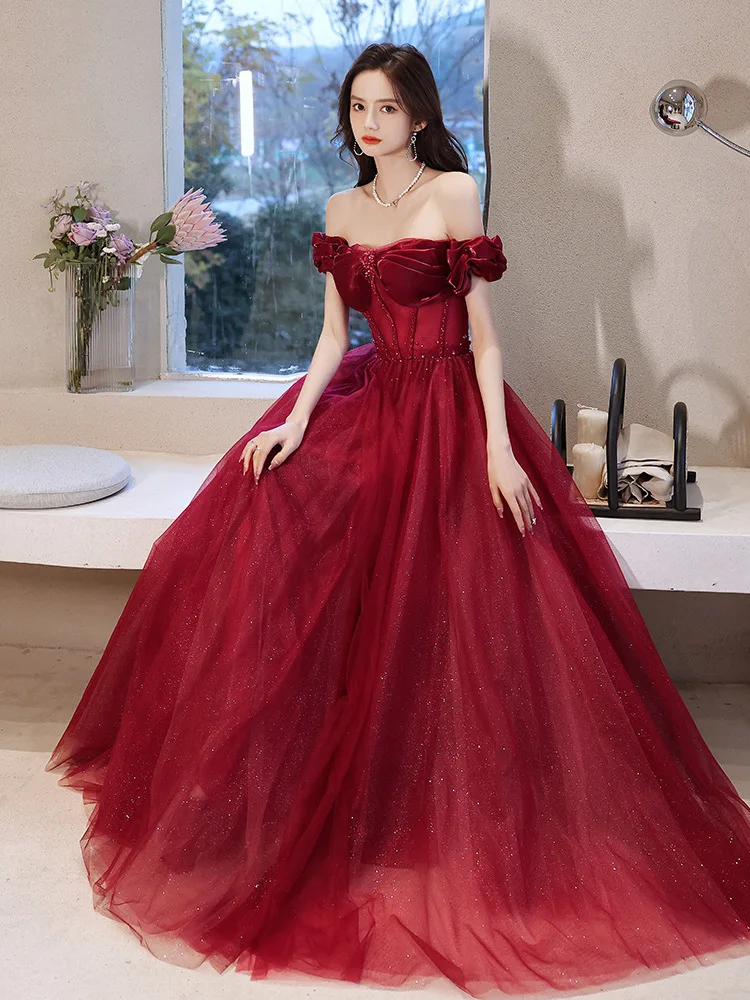 

Burgundy Women A Line Evening Dresses Off Shoulder Sequins Prom Party Gowns Formal Occasion Vestido De Noche robes de soirée