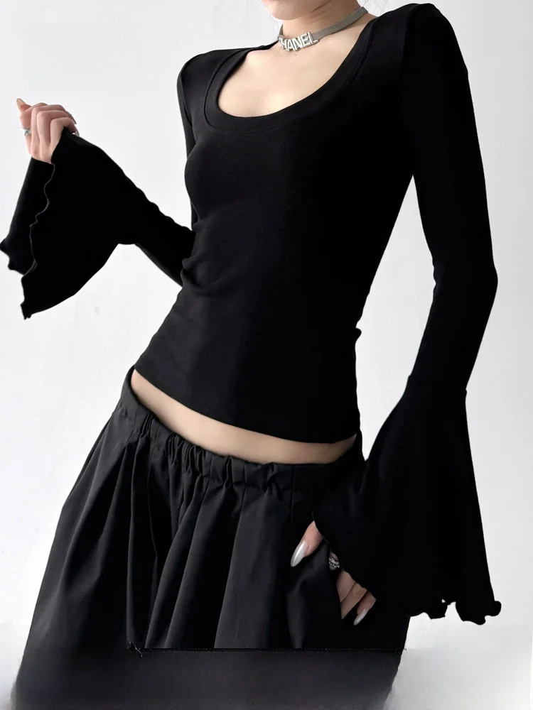 

Новая женская футболка Slim Fit с длинным рукавом и U-образным вырезом, весенне-осенняя, повседневная, модная