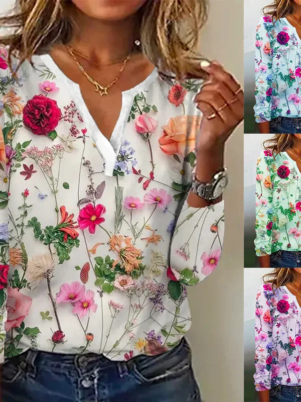 

Women's V-ne Long Sve T-irt Printed Street Sle Polyester Fiber Breathable Comfortable Regular Fit Long T-irt