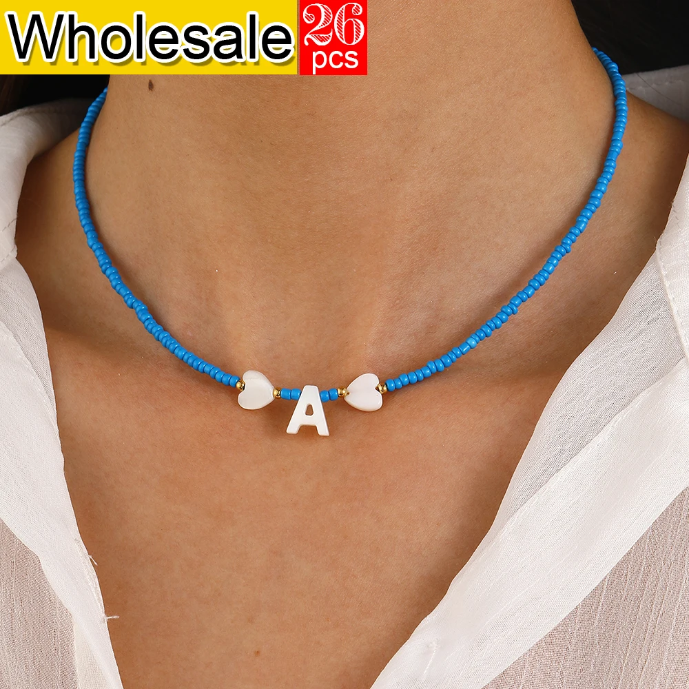 

26PCS Summer Bohemian Heart Shell A-Z Initial Women's Necklace Sky Blue Rice Beads Beach Beads Cute and Sweet Necklace Wholesale