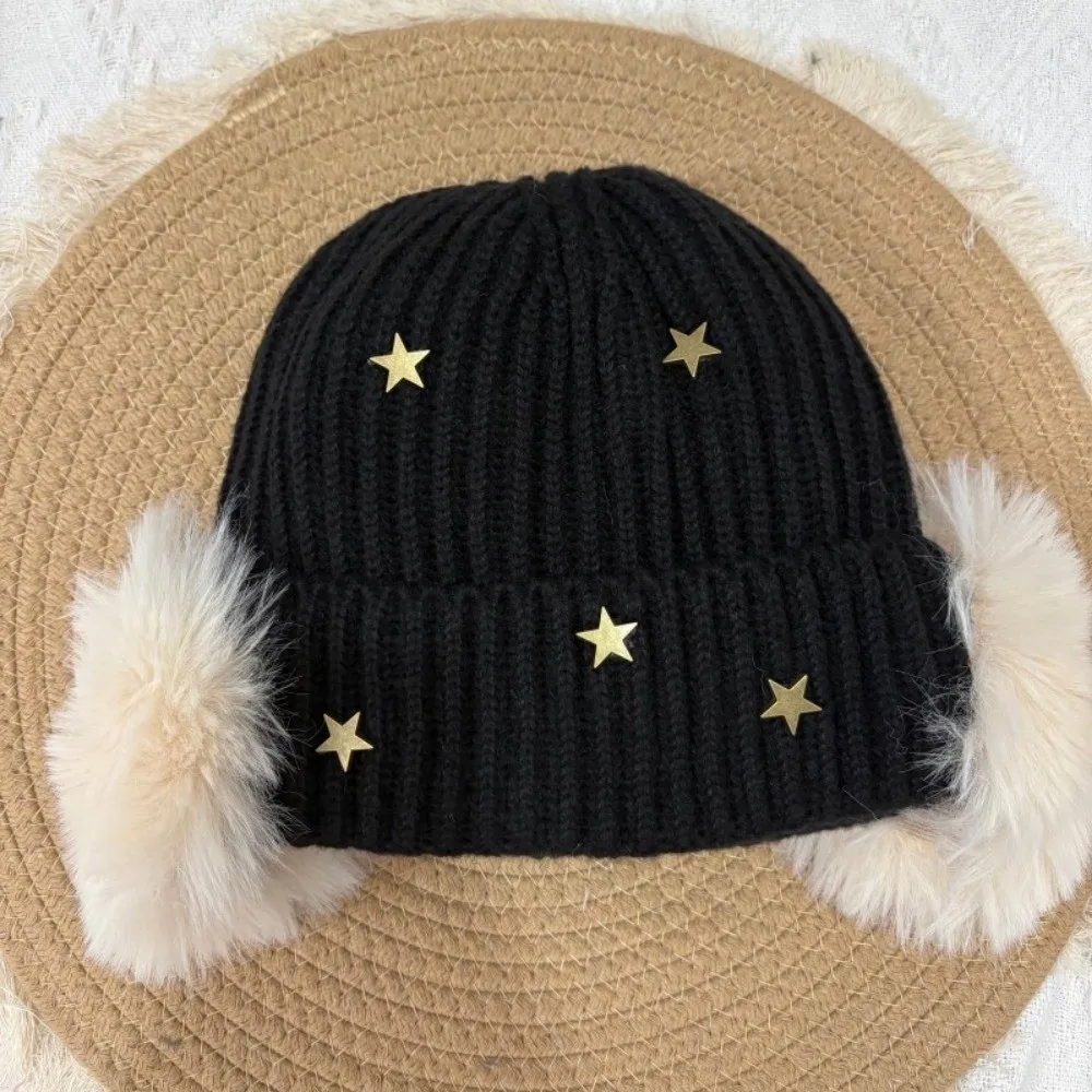 Weiche, winddichte, gestrickte Mütze mit Sternenmuster, gestricktes Design mit Umschlag, winddichte Kappe, koreanischer Stil, wärmend, Damen, warme Mütze, ideal für Reisen. – Detail 2