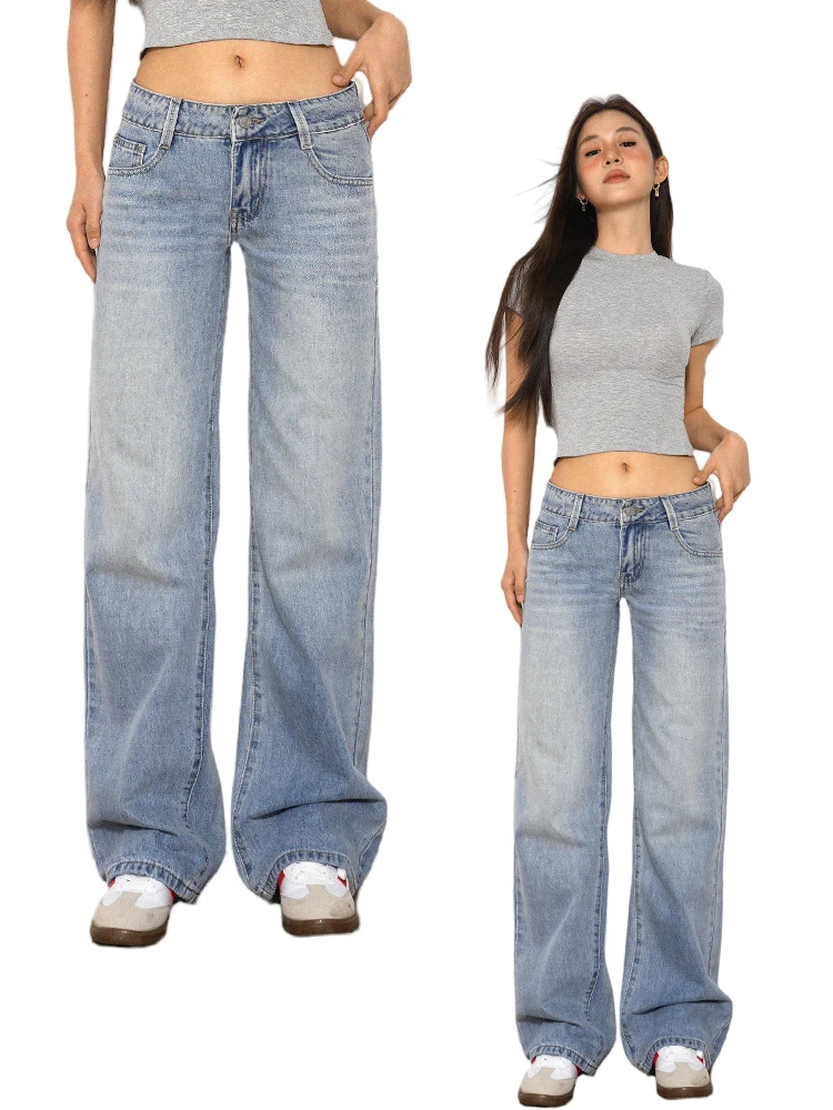 

Джинсы American Sle в стиле ретро с низкой талией, женские легкие прямые брюки для похудения, длинные брюки, осенние новые хлопковые пуговицы...