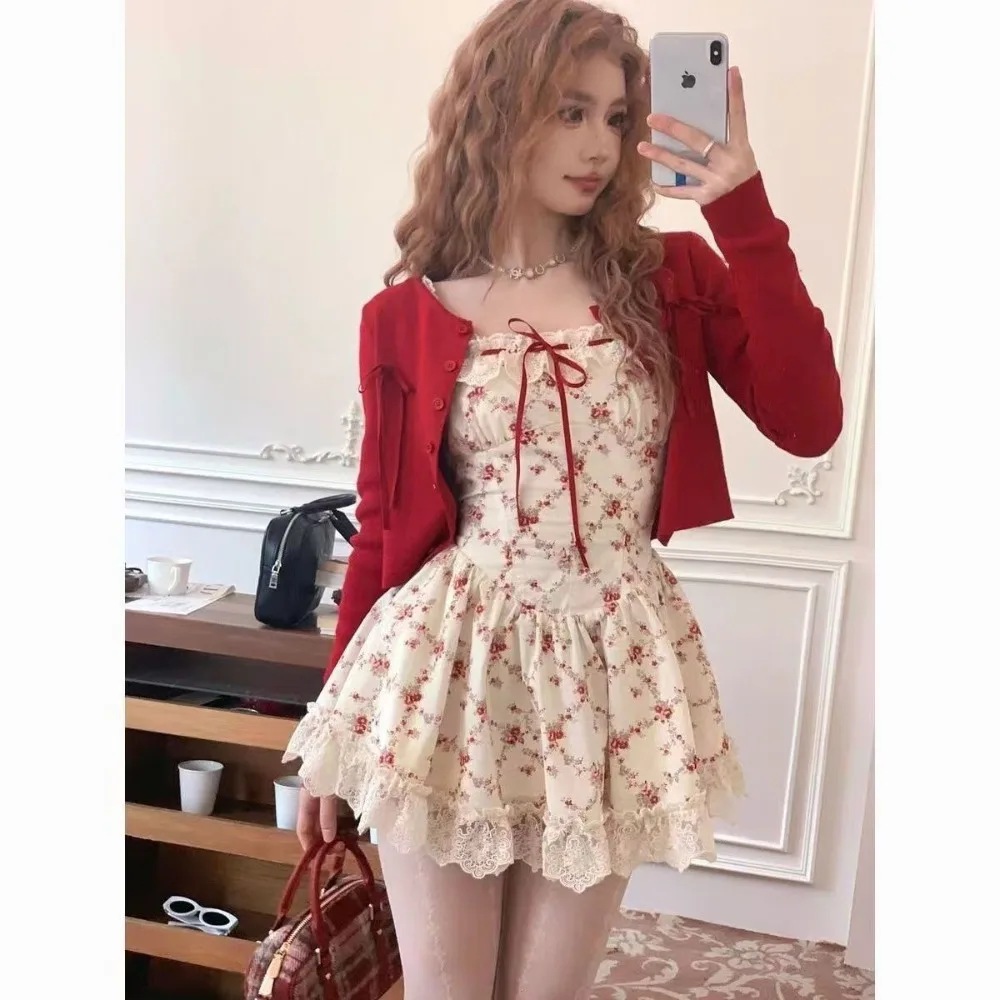 New Autumn Sweet Floral Dress Set Woman Casual Red Cropped Cardigan Elegant Lace Y2k Mini Dress Korean Fashion Clothing Suit