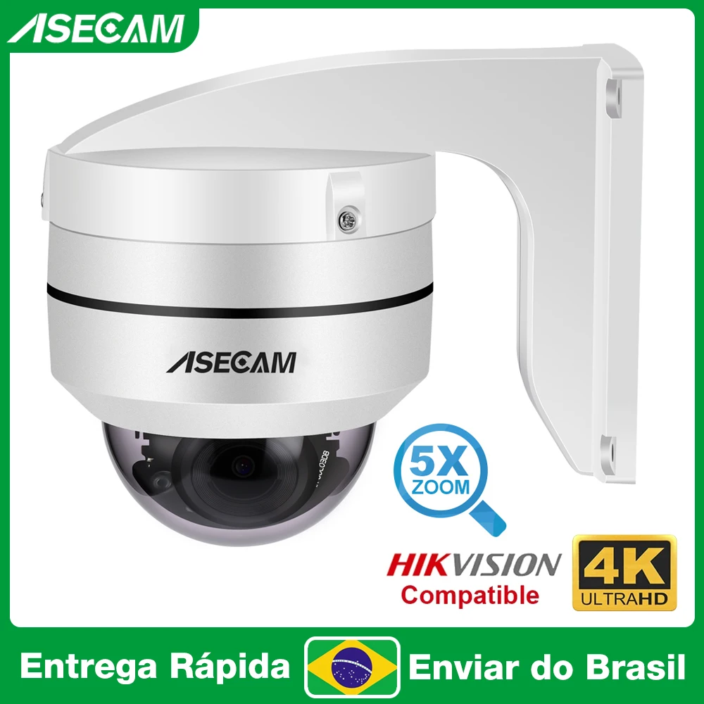 ASECAM 8MP 4K Câmera de Segurança Externa PTZ Zoom óptico de 5X Dome Onvif PoE Rastreamento automático IK10 prova de vandalismo IP Camera de Vigilância Compatível com Hikvision Do Brasil