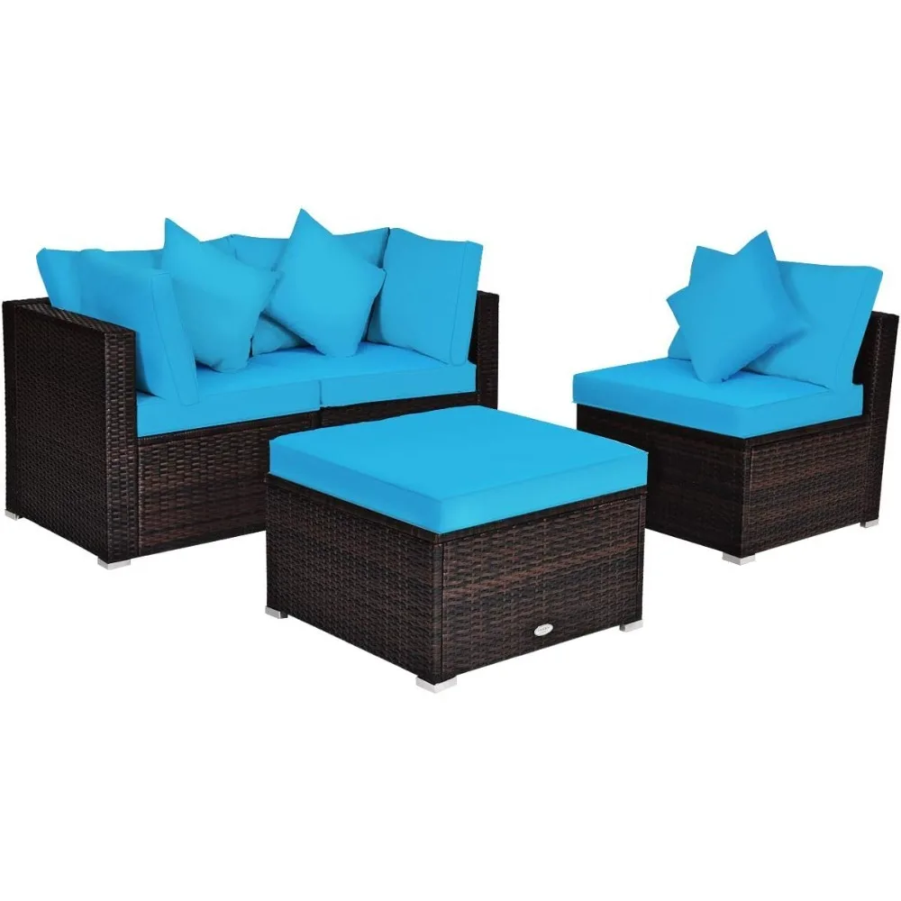

4 Pieces Patio Furniture Set, All Weather Outdoor Sectional Rattan Sofa Set W/removable Cushions & Pillows, Wicker Conversation