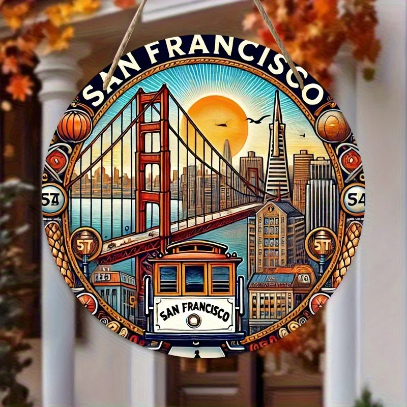 Vintage San Francisco Cityscape Wooden Wall Art - Round 2D Decor Sign with Golden Gate Bridge & Cable Car Design, Perfect for Ho