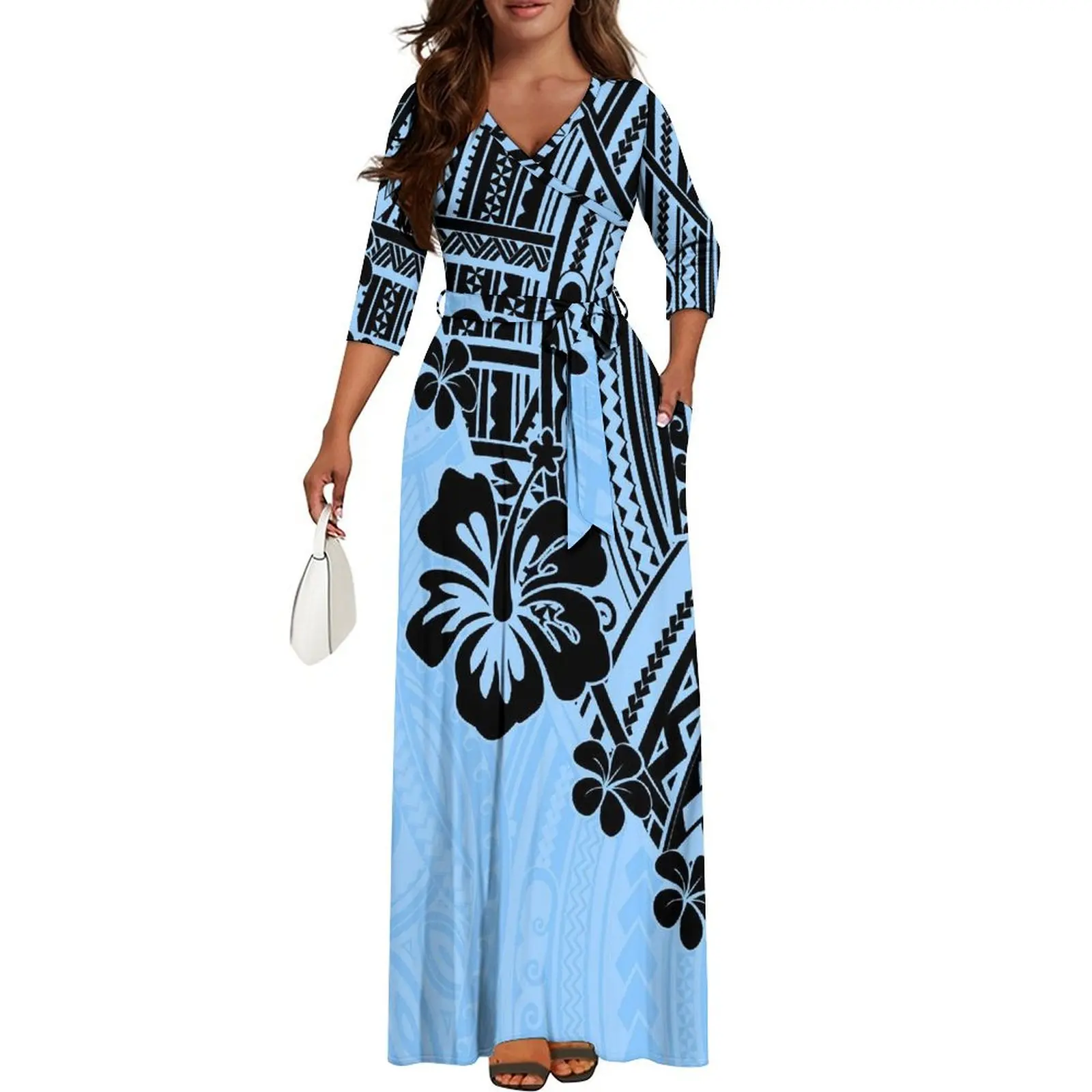 New Style Women'S V-Neck Mid-Sleeve Dress Polynesian Island Art Print Samoan Style Slim Floor-Length Dress