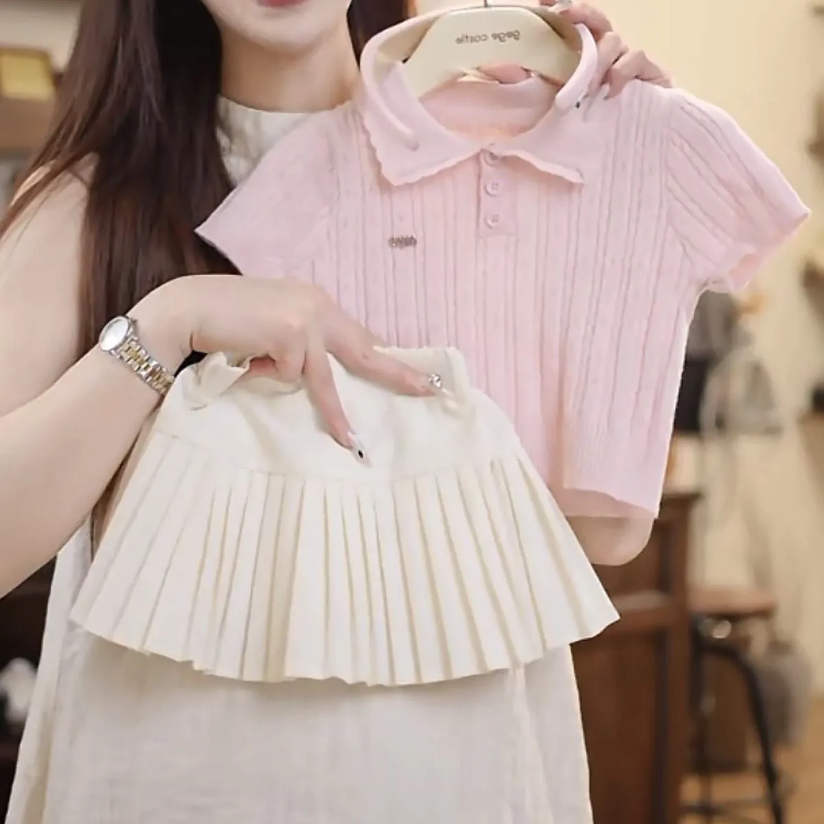 Girls Summer Outfit Children's Sweet Knitted Short Sleeve Top + Pleated Skirt Two-Piece Set Trendy Children's Clothing Set
