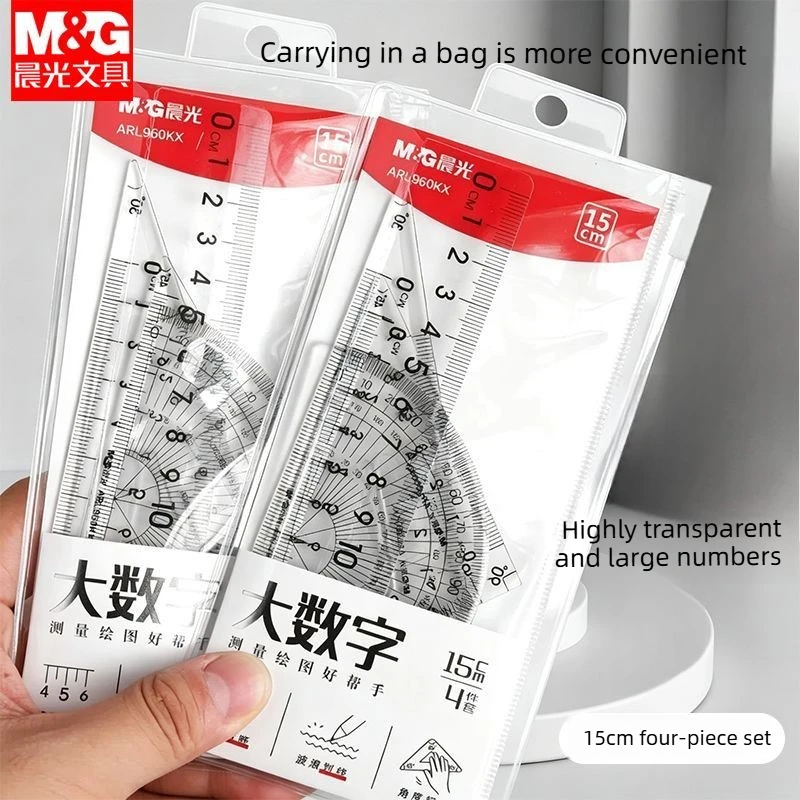 Transparent Geometry Set 4 PCS Math Drawing Tools with Ruler Protractor Triangle Easy Read Measurement for Students School