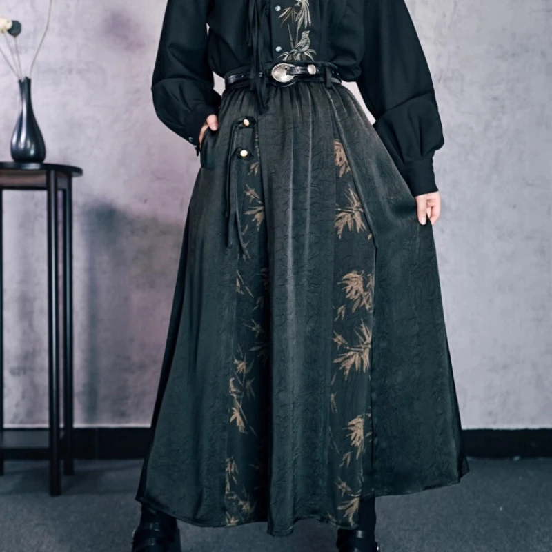 Style National Patchwork bambou motif imprimé taille haute minceur gland noir jupe longue pour les jupes décontractées chinoises pour les femmes