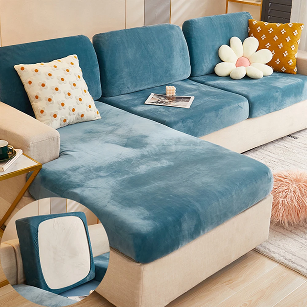 Velvet Sofa Seat Cushion Cover Soft Solid Sofa Covers High Stretch Sofa Couch Slipcover Spandex Thick L-shaped Living Room Home