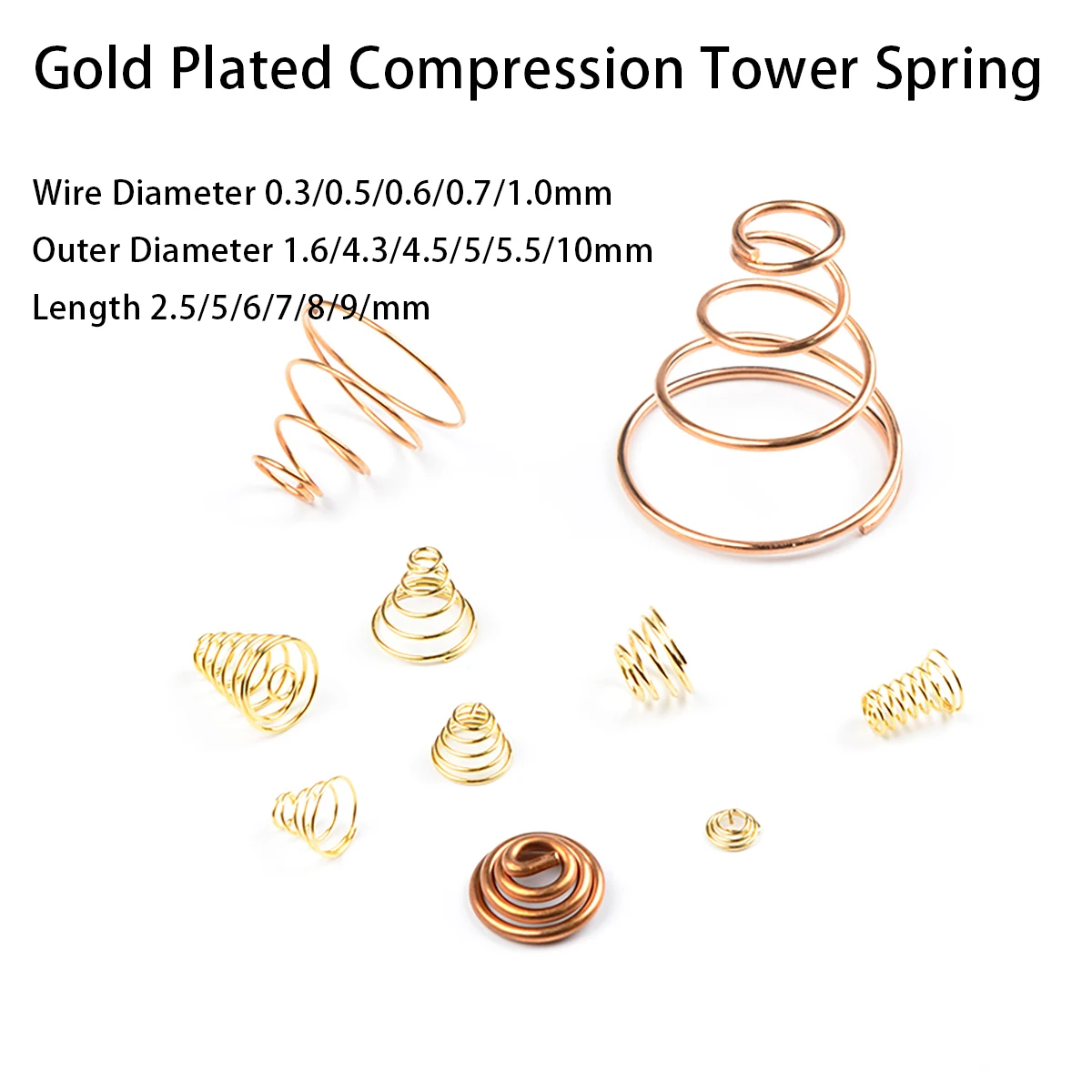 

Gold Plated Tower Spring Conduct Electricity Accessory Part Wire Diameter 0.3-2Mm Outer Diameter 2-16Mm Length 4-43
