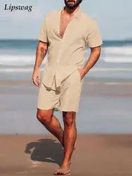 Casual Loose Two Piece Set 2022 Summer Mens Solid Beach Seaside Outfits Men Short Sleeve Turn-down Collar Shirt And Shorts Suits