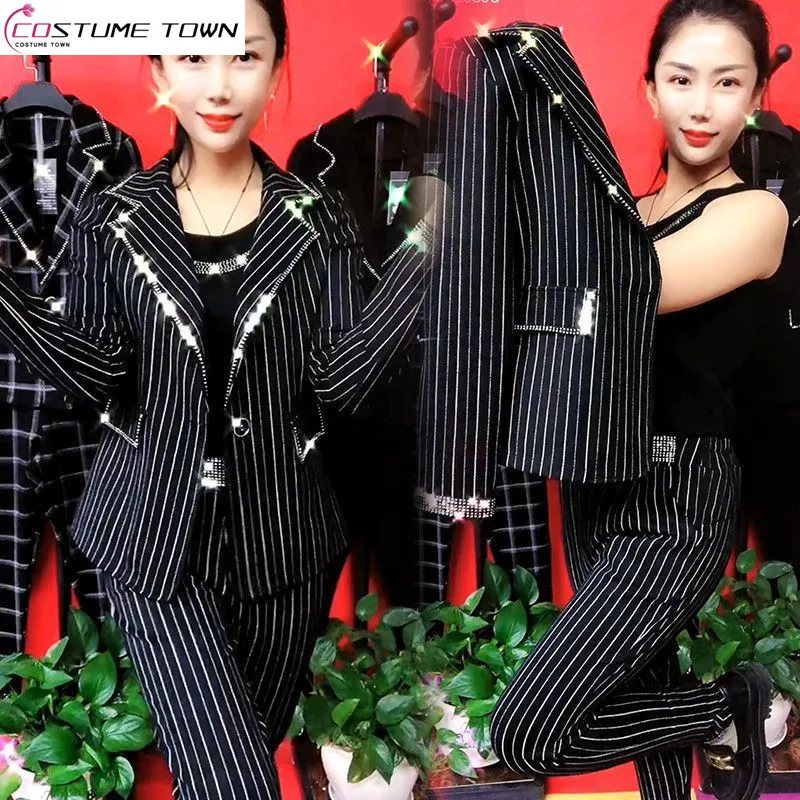 2023 Summer New Stripe Stitching Casual Jacket Blezer Penci Pants Elegant Women's Two Piece Suit Office Outfits