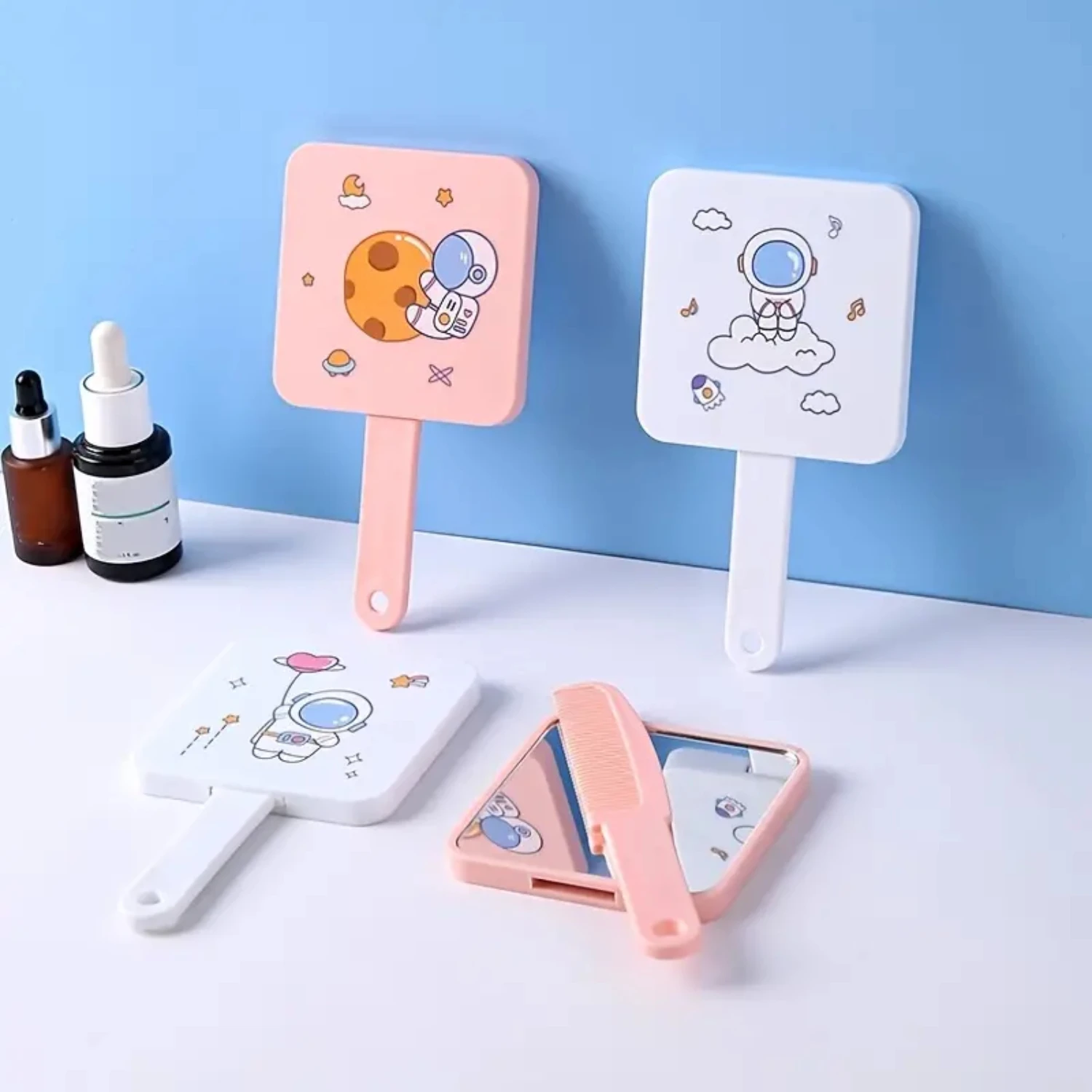 

1Pc Handheld Square Mirror With Hair Comb One-piece, Handle Cosmetic Hand Mirror For Home Salon Makeup Mirror compact cute Miror