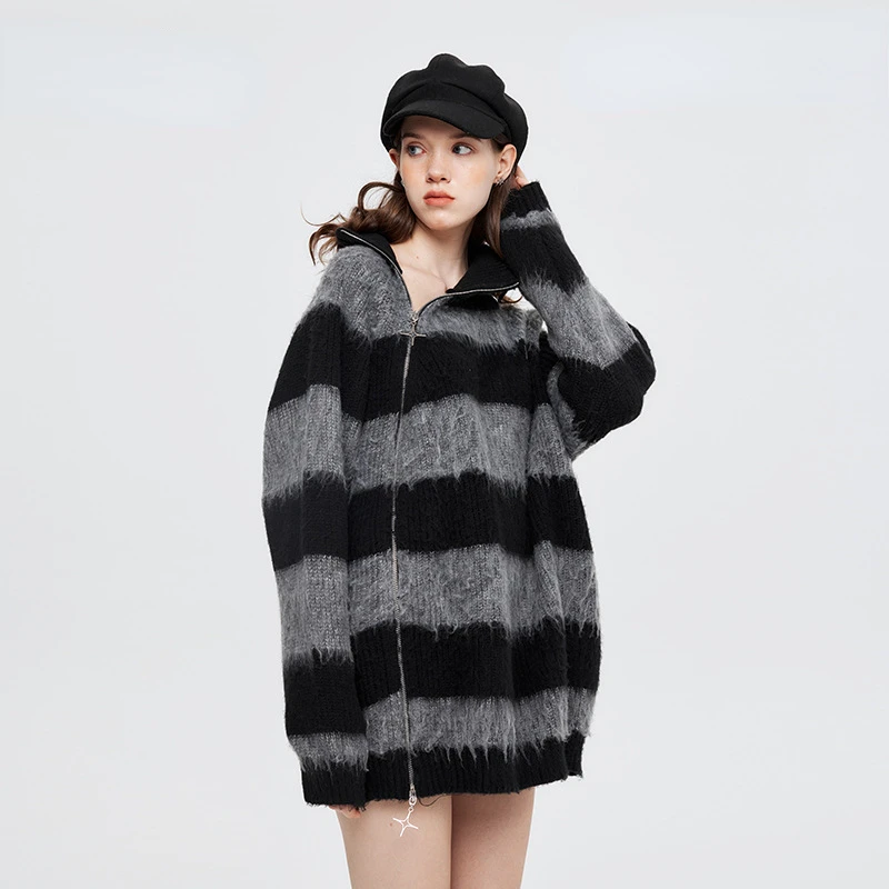 

Hikigawa Autumn Contrast Color Striped Women Sweaters Coats Chic Fashion Turtleneck Long Sleeve Loose Zipper Knitted Cargidan