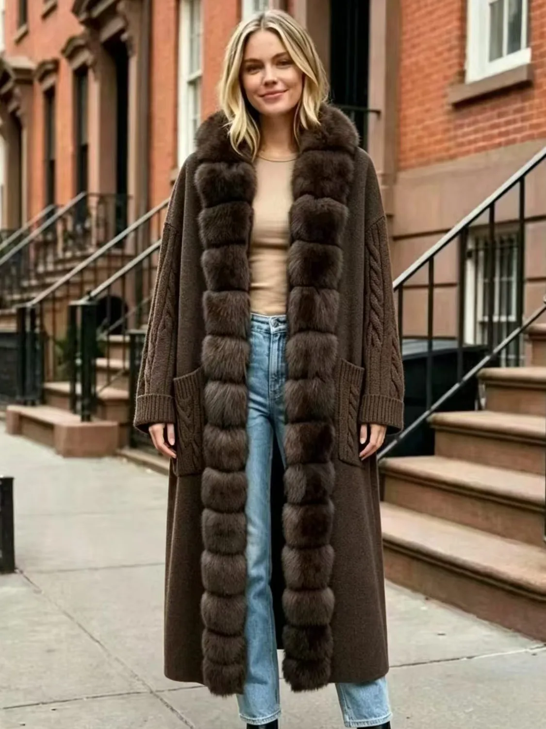 New Luxury Winter Real Natural Fox Fur Collar Woolen Blends Knit Long Overcoats Women Loose Warmth Cashmere Fur Jacket