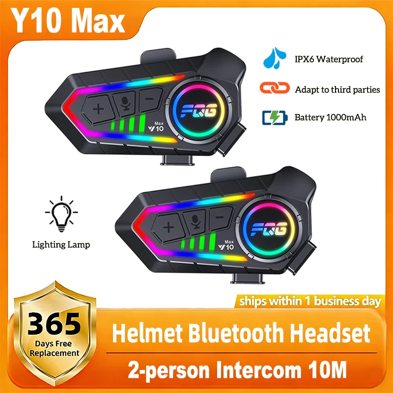 Casque de moto Y10 Max avec interphone Bluetooth 6.0, réduction de bruit intelligente double CVC+DSP, lampe LED étanche, 1000mAh