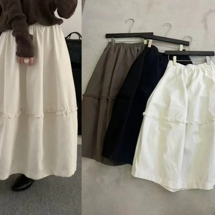 Gonna a mezzaluna unica con design coreano Sle Ruffle Gonna lunga Faion da donna di lunghezza f Alla moda Dolce impreziosito a vita media A-...