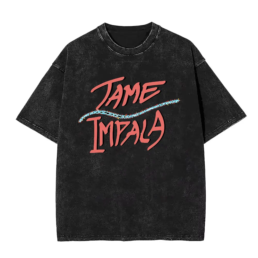 Vintage Washed Pop Rock Band Tame Impala Currents Grafikdruck T-Shirts Männer Frauen Casual Baumwolle Übergroßes Kurzarm-T-Shirt – Detail 16