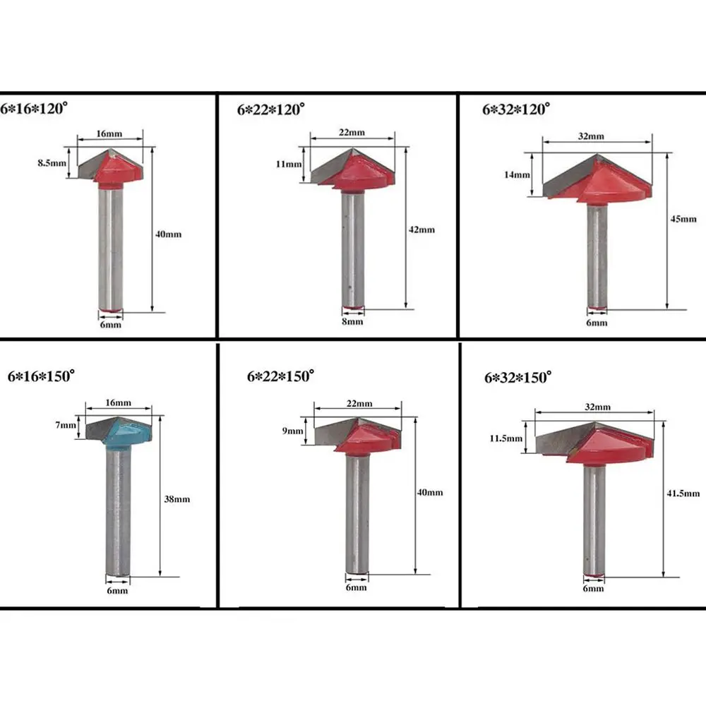 1pc 6mm V Bit CNC Solid Carbide End Mill Tungsten Steel Woodworking Milling Cutter 3D Wood Router Bit 60 90 120 150 Degrees