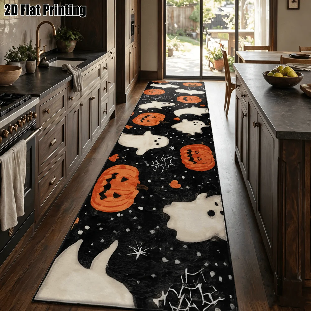 1Pc Halloween Ghost Pumpkin Printed Strip Carpet, Dark Fun Pumpkin Lantern Spider Web Corridor Carpet, Suitable for Kitchen, Bedroom, Foyer, Balcony, Entrance, Bedside, Halloween Theme Home Soft Decoration