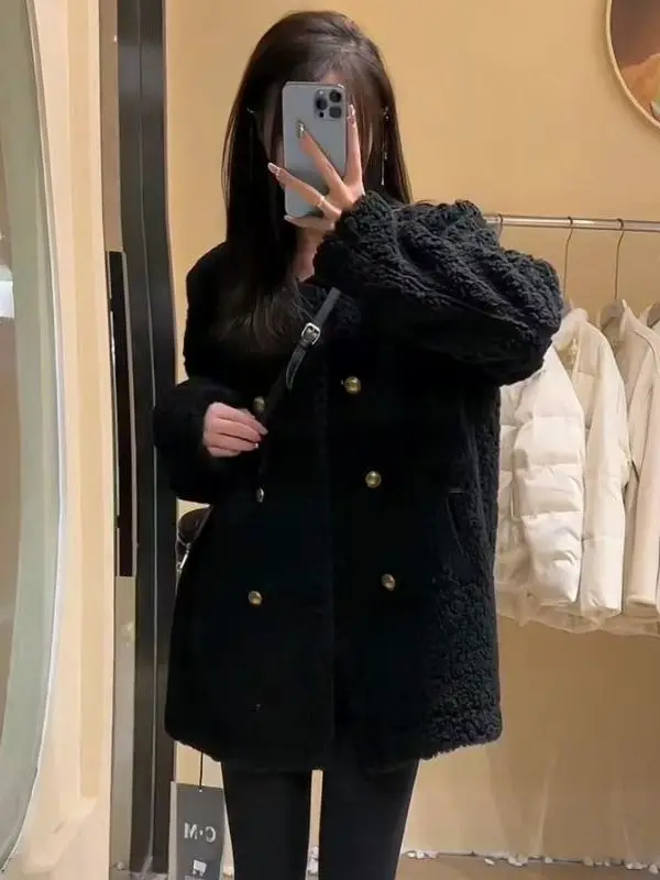 

plus Size Women's Black Lamb Fur Jacket Loose Thick Warm Lazy Style Coat Korean Version Winter Casual High Waist Long Sleeve