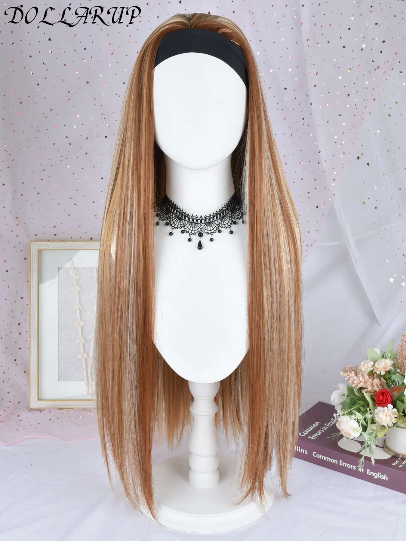 Pelucas de diadema con reflejos negros y marrones de síntesis para mujeres negras, pelo largo y liso con cuerpo de 32 "con diadema adjunta de aspecto Natural