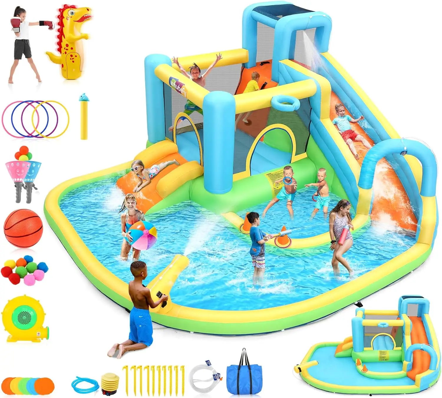 

12.8x12FT Water Bounce House for Kids 3-12, 13-in-1 Inflatable Water Park with Catch Ball Set/Punching Bag/Toss Rings/Water Soak