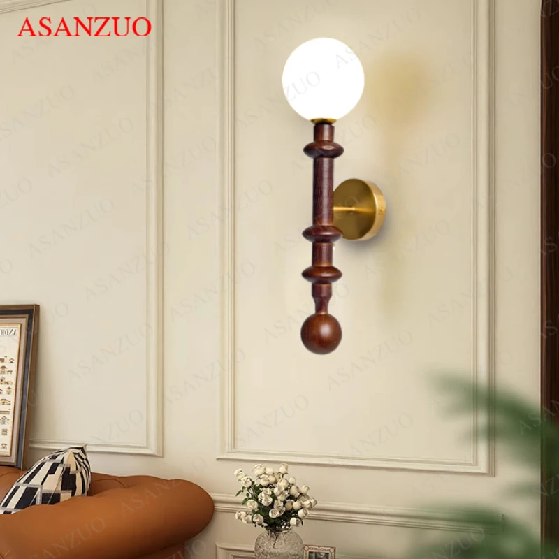 

Retro Glass Ball Wooden Wall Lamps Living Room Bedroom Entrance Corridor Atmosphere Lamp Coffee Shop Staircase Decor Luminaires