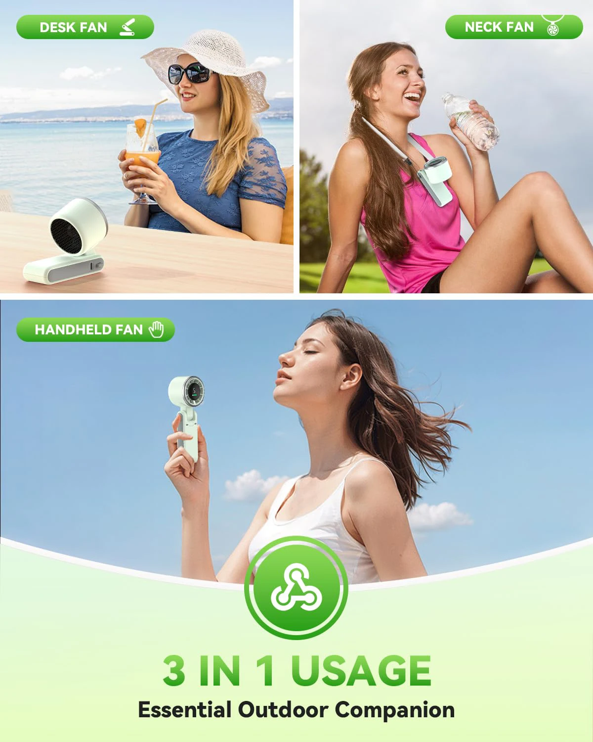 5 Gear Wind, USB-C Rechargeable Fan,Portable Handheld Turbo Fan, Up to 12 Working Hours, 3 IN 1 Hand Fans with Air Turbo Tech Cooling Fan for Outdoor Activities, Travel, Beach (Green) view 3