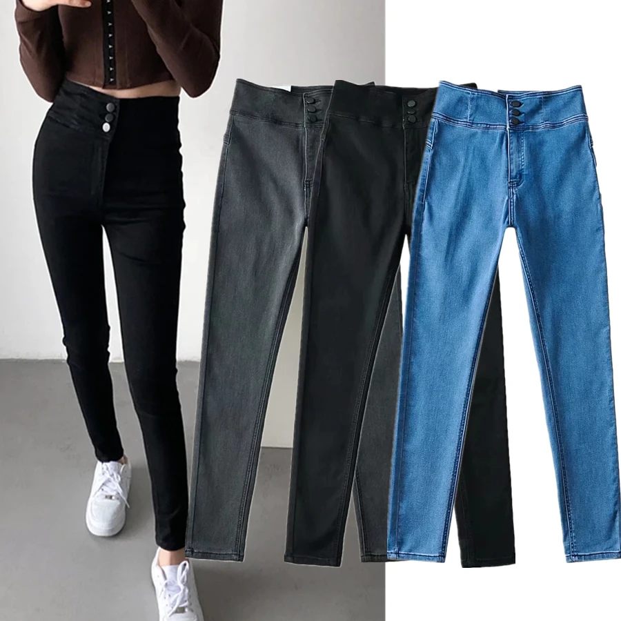 

Dave&Di Push Up High Street Single Breasted Buttons High Waist Pencil Denim Pants Jeans Women Super Skinny Jeans Women