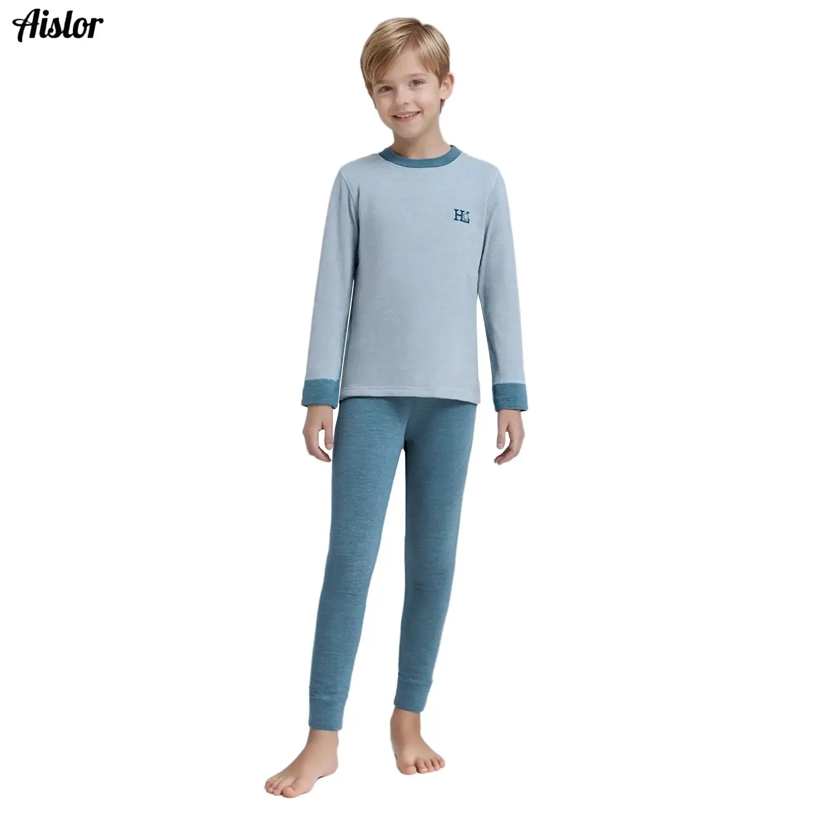 

Kids Boys Girls Thermal Underwear Pajama Set Spring Winter Contrast Color Long Sleeve Round Neck Top+Pants Nightwear Homewear