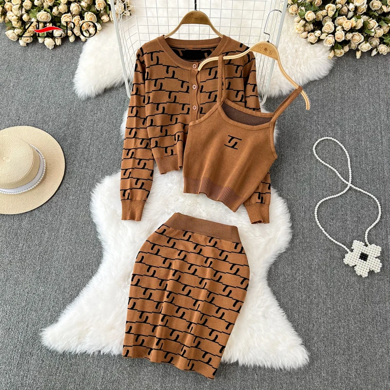 

Women Casual 3 Piece Sets Korean Long Jacquard Weave Knitted Cardigan Crop Top + Suspenders Tank Vest + Mini Skirt Sets Outfits