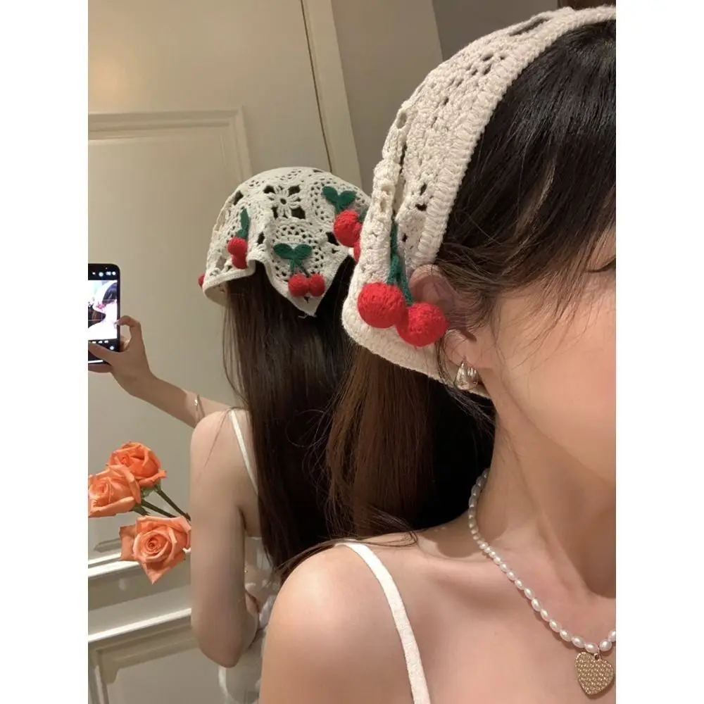 Knitted Triangle Headband Cute Little Cherry French Pastoral Style Headband Towel Handmade Crochet Headscarf Hat Girls