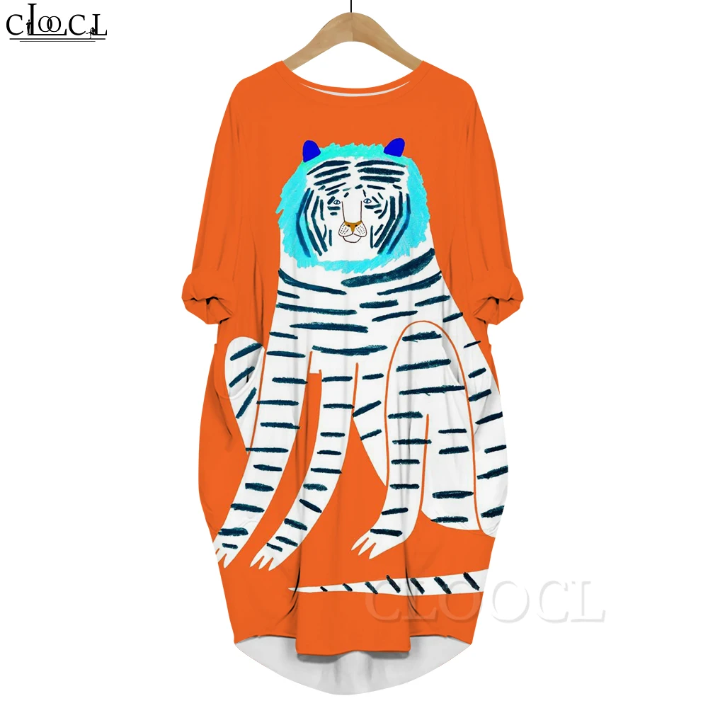 CLOOCL Abito stampato alla moda Divertente cartone animato Tigre Modello floreale Maniche lunghe Abito tascabile Abbigliamento femminile oversize Autunno 2022