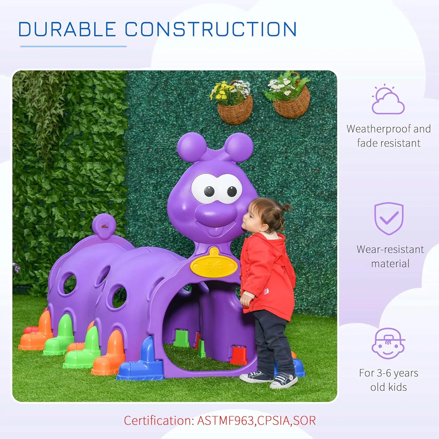 Caterpillar Climbing Tunnel for Kids Climb-N-Crawl Toy Indoor & Outdoor Toddler Play Structure for 3-6 Years Old, Purple