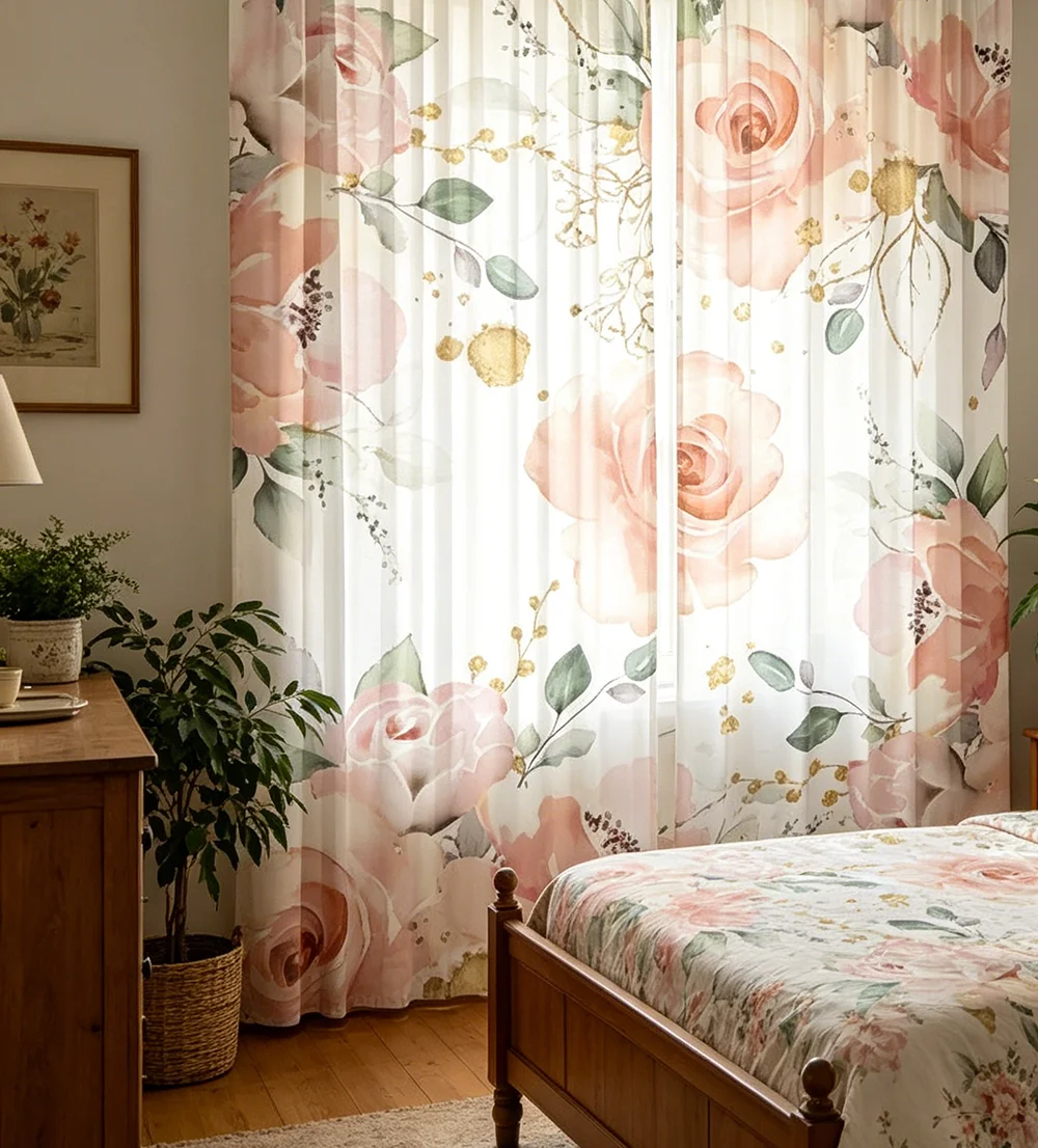 2PCS Digital Printed Sheer Curtain, Peach Rose Flower Print, Soft Romantic Pastel Floral for Living Room Bedroom Home Decor - view 6