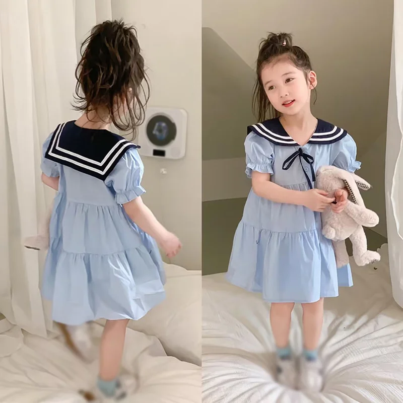 Summer Blue Dress Navy Collar Puffed Sleeve Short Sleeve Preppy Dress Frill Splicing Design Girls Sweet Princess Party Dress