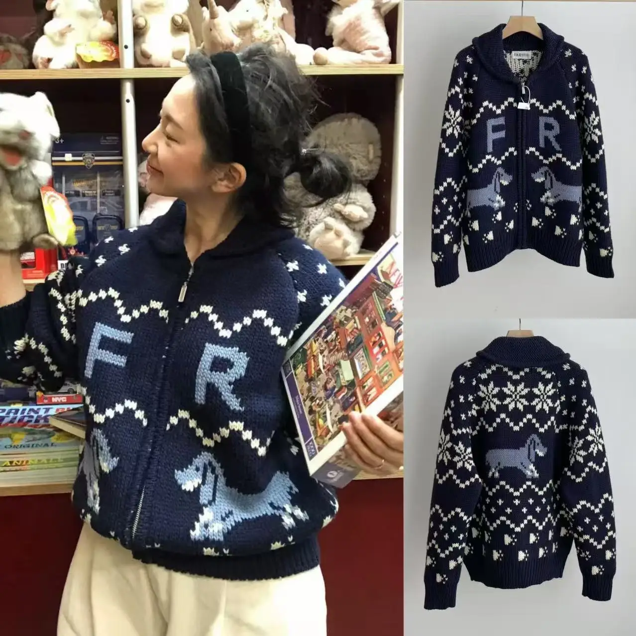 

Женский шерстяной кардиган Thiened с застежкой-молнией Fair Isle Sle, скандинавский вкус, праздничный узор для маленькой собаки, осень...