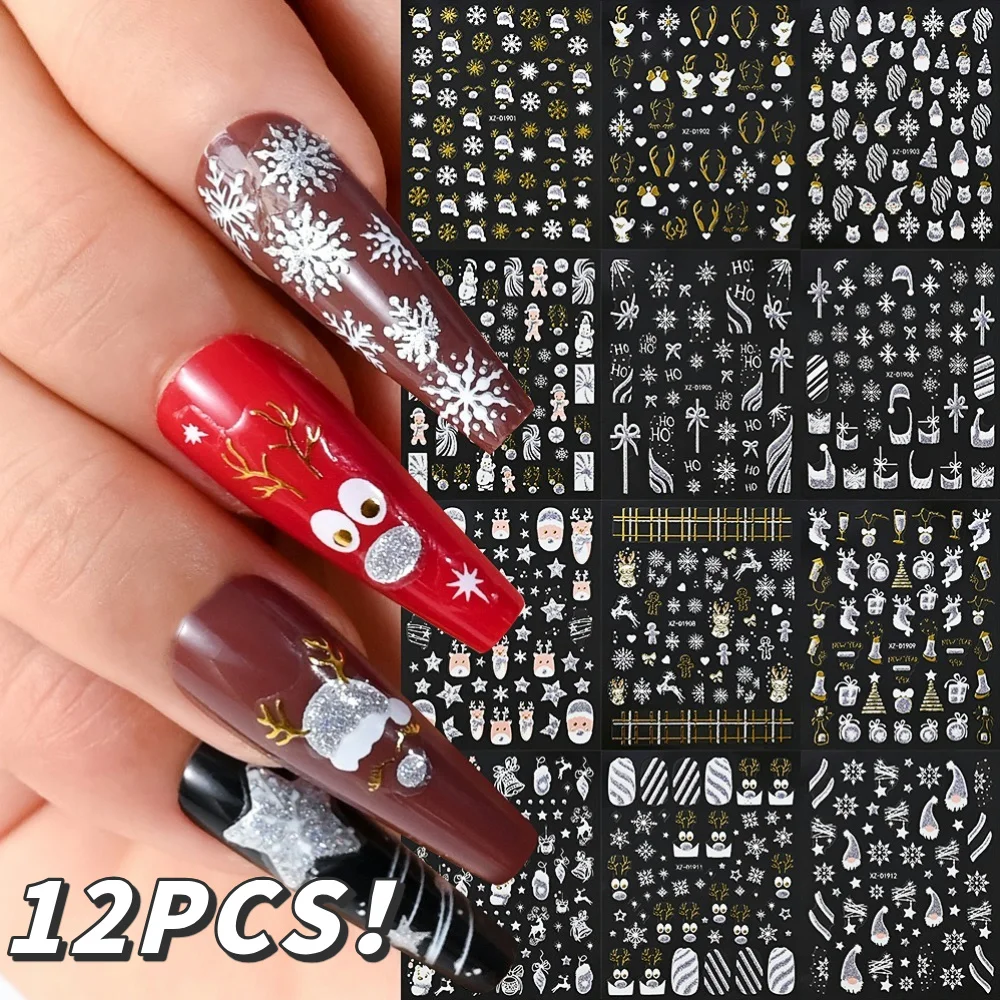 12 pçs 3d natal unhas adesivos glitter navidad design bonito decalques da arte do prego 2025 ano novo diy gel adesivo manicure decorações