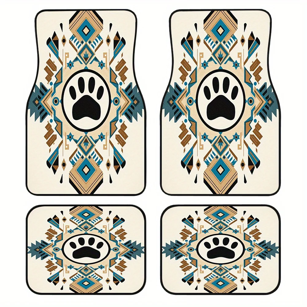 4pcs Car Mats Highlighting Tribal Paw Blue Design, Compatible With Sedans Or SUVs, Featuring Cleaning-Friendly Surfaces And Gift