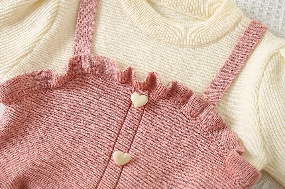 Children\'s Clothing Sets Fake Two Strap Knit Top + Straight-leg Pants Winter Knit Sweater for Children Clothes Outfit Set
