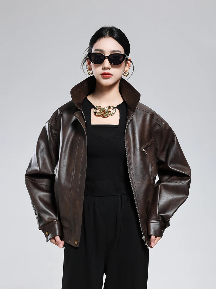 Lautaro 秋クールなハンサムショートハードディストレストブラウン Pu レザージャケット女性ジッパー高級デザイナーアメリカンレトロ服