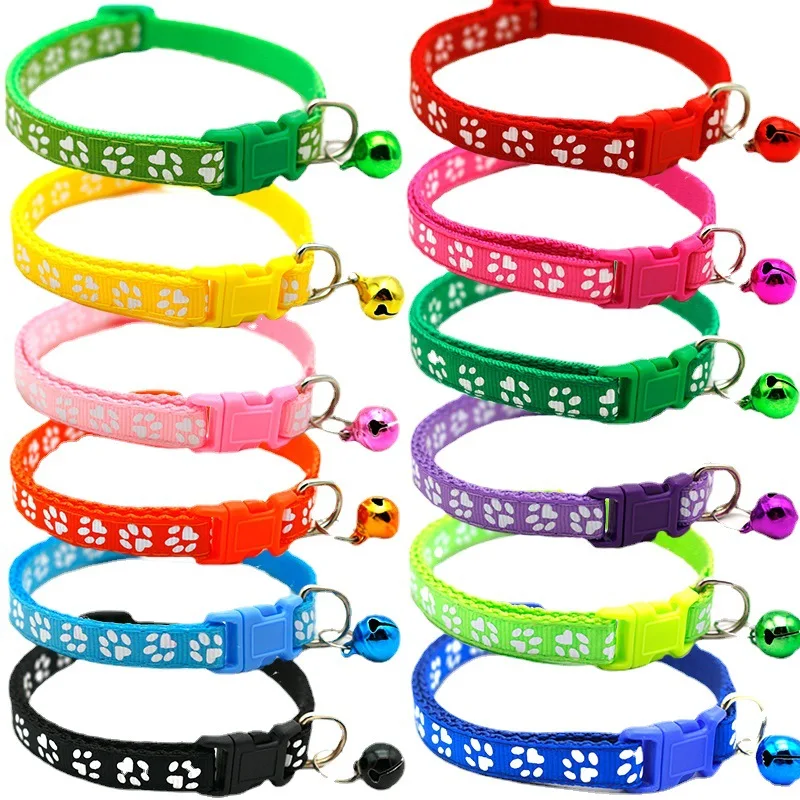 12 Colors Breakaway Cat Dog Collar Necklace With Bell Pet Cat Footprint Paw Print Collar Safety Adjustable Cat Accessories