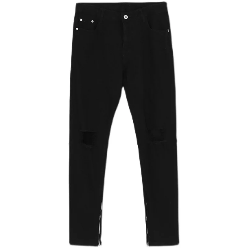 High Street Pants Zipper Straight Black Ripped Jeans Men Korean Fashion Full Length Denim Trousers Pantalones Vaqueros Hombre
