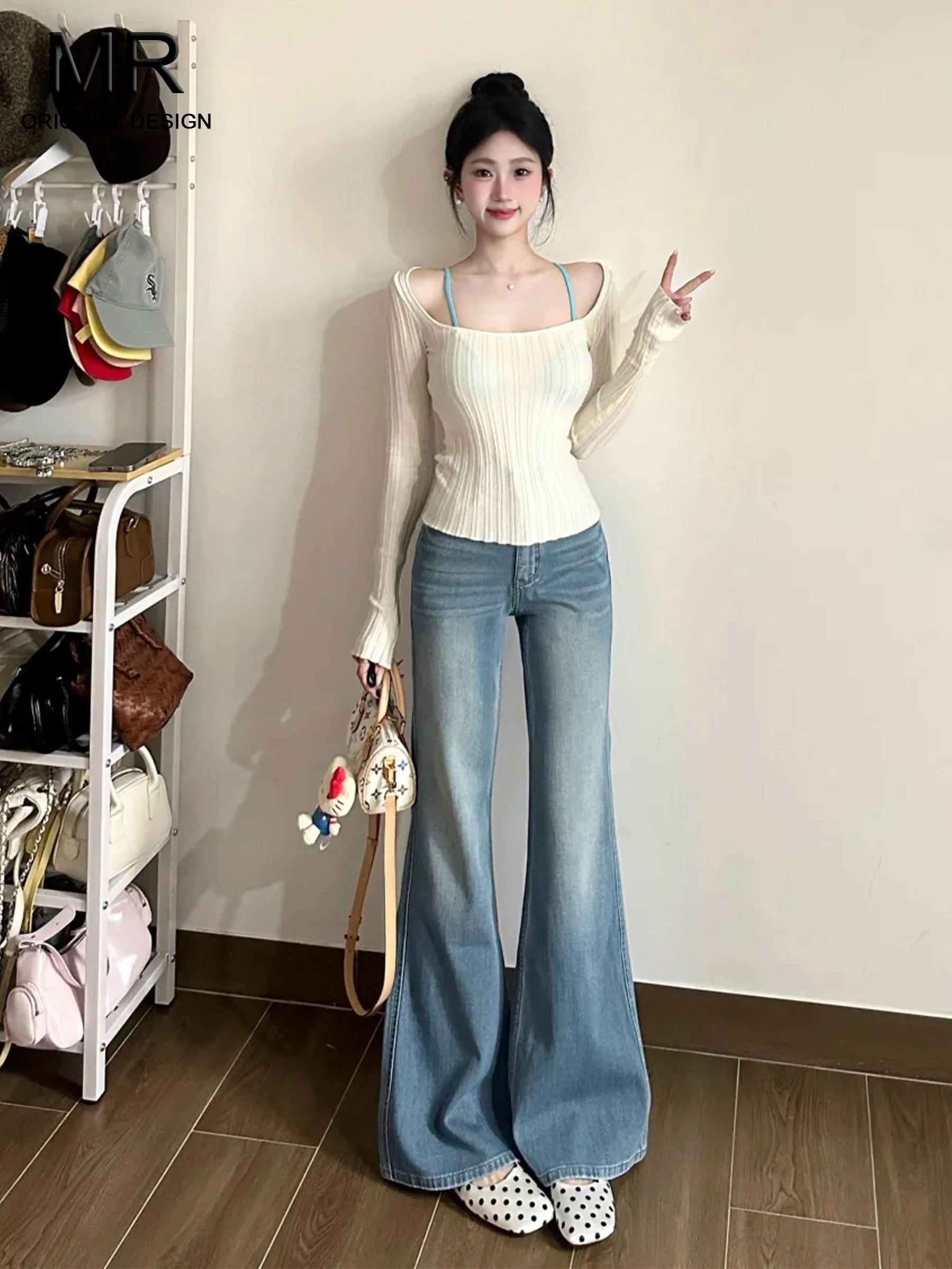 

Джинсы-клеш с высокой талией, свободного кроя, утягивающие, светло-голубые, женские, в американском стиле, весна-лето