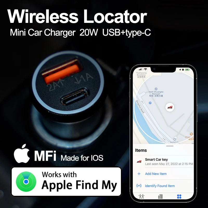 Wireless locator GPS tracker Car Charger PD 20W USB Type-c Find Share Navigate Car Anti-loss Apple Find My App MFi made for ios