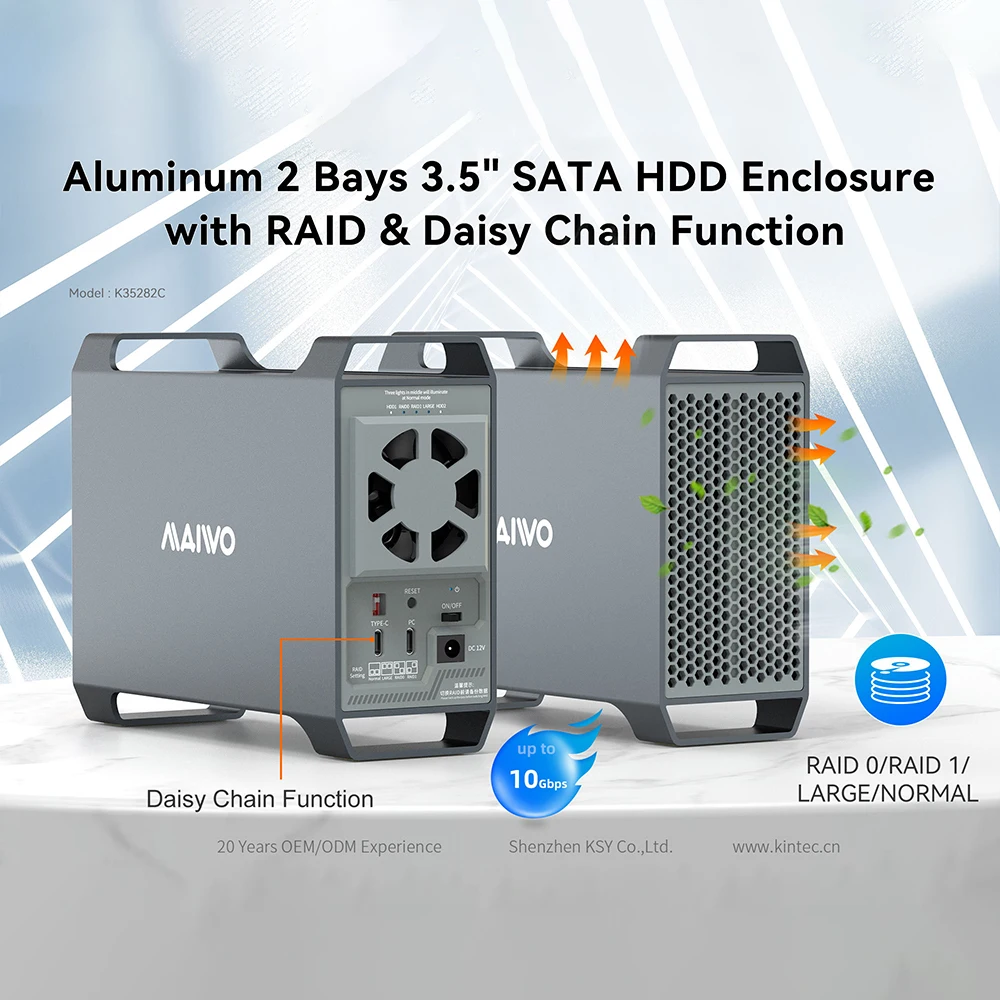 MAIWO 2 Bays RAID Type C 3.5" SATA HDD SSD Enclosure Aluminum HDD Case Up to 10Gbps With Handle Hard Drive Disk Array Cabinet