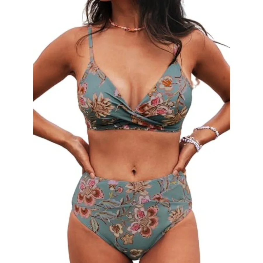 CUPSHE Women's Bikini Sets Two Pcs Swimsuit High Waisted V Neck Twist Front Adjustable Spaghetti Straps Bathing Suit